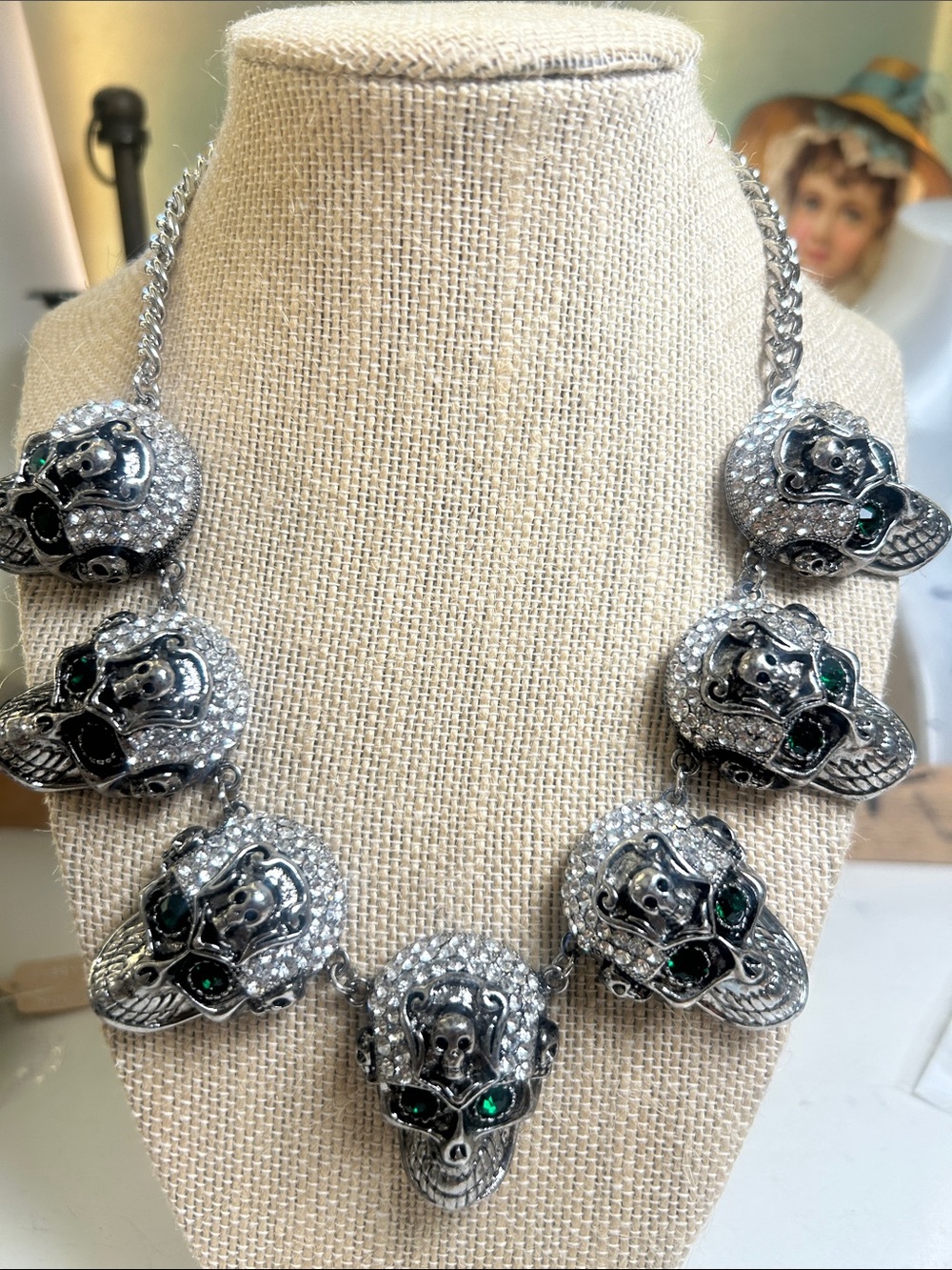 Silver and Green Crystal Skull Statement Necklace - Women's Jewelry